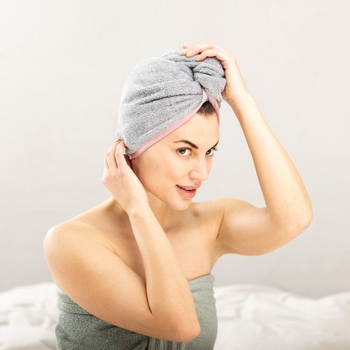 Комплект от 2 тюрбана за коса Homelevel, универсални, розово/сиво, органичен памук, 54863.22.02