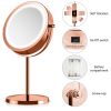 Oglinda cosmetica Navaris cu LED, marire 5x, 17 cm diametru, dubla fata, cupru, otel/sticla/cupru