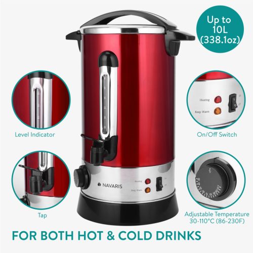 Fierbator vin fiert si apa calda Navaris, 10 L, 1650 W, distribuitor cu robinet, rosu, metal
