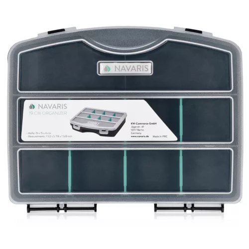 Organizator piese mici Navaris, 19x15x4 cm, separatoare reglabile, 4 cleme, transparent, plastic