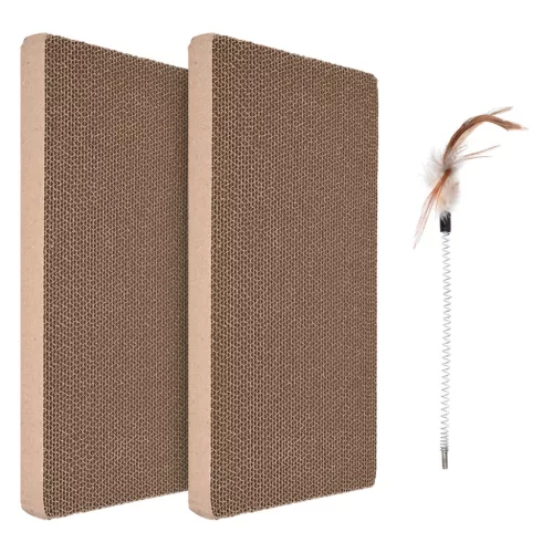 Set 2 placi de zgariat si jucarie cu pana Navaris, pentru pisici, carton, maro, 46754.03