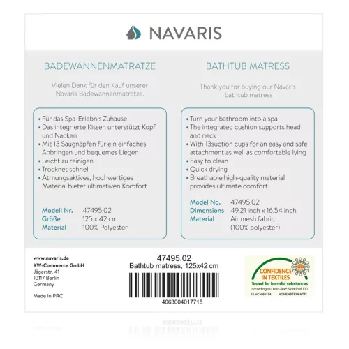 Saltea baie Navaris, 125x42 cm, perna pentru cada cu 13 ventuze antiderapante, alb, poliester