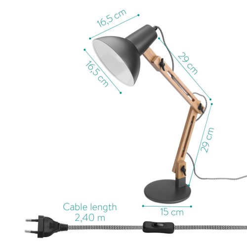 Lampa de masa Navaris, birou din lemn, 38 cm, design minimalist, gri/gri inchis, lemn