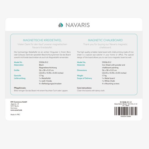 Tabla magnetica metalica Navaris, 56x38 cm, tabla de scris cu creta, marker tip creta, negru, otel