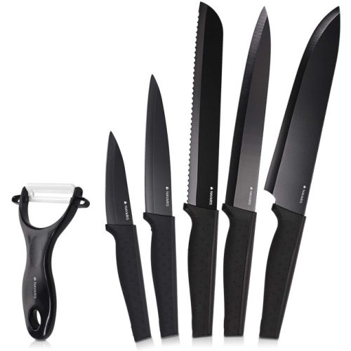 Navaris Комплект кухненски ножове от неръждаема стомана от 5 части, 1 керамичен нож за къпане, черен, 48366.06.02