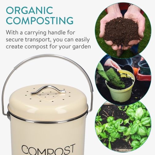 Cos de compost Navaris, 5 L, cu maner si filtru carbon activ, pentru bucatarie, crem, metal