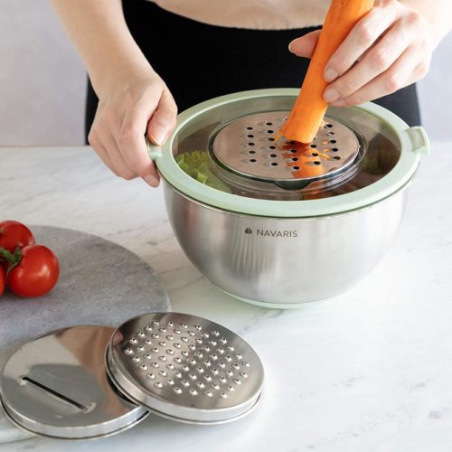 Комплект 2 многофункционални метални купи с капак Navaris, 20 см и 24 см, 3 рендета, противоплъзгащи, неръждаема стомана, сребристо/зелено, 49210.02.71