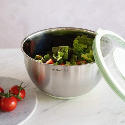 Комплект 2 многофункционални метални купи с капак Navaris, 20 см и 24 см, 3 рендета, противоплъзгащи, неръждаема стомана, сребристо/зелено, 49210.02.71