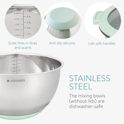 Комплект 2 многофункционални метални купи с капак Navaris, 20 см и 24 см, 3 рендета, противоплъзгащи, неръждаема стомана, сребристо/зелено, 49210.02.71