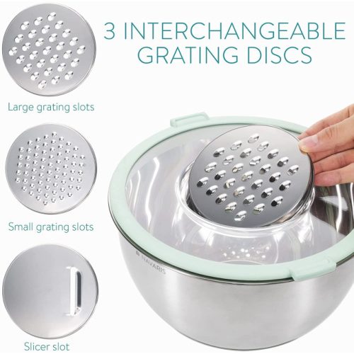 Комплект 2 многофункционални метални купи с капак Navaris, 20 см и 24 см, 3 рендета, противоплъзгащи, неръждаема стомана, сребристо/зелено, 49210.02.71