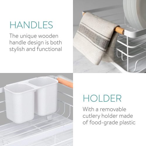 Сушилник за съдове Navaris, с тава за отцеждане, с рафт за чинии, чаши и прибори, бял, 42.5x31.5x14 см, 52545.01