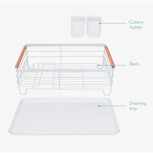 Сушилник за съдове Navaris, с тава за отцеждане, с рафт за чинии, чаши и прибори, бял, 42.5x31.5x14 см, 52545.01