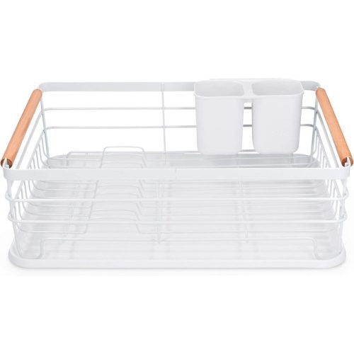 Сушилник за съдове Navaris, с тава за отцеждане, с рафт за чинии, чаши и прибори, бял, 42.5x31.5x14 см, 52545.01