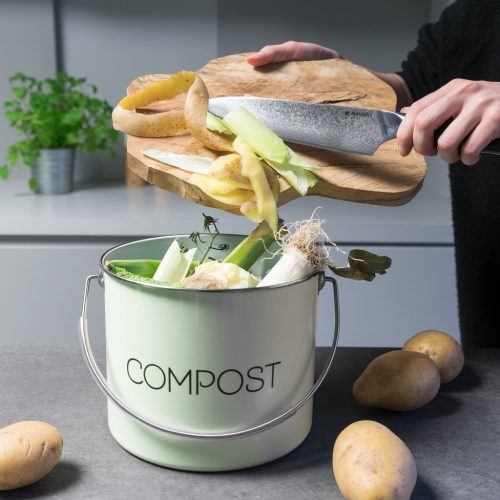 Cos de compost Navaris, 3 L, cu maner si 3 filtre carbon, pentru bucatarie, verde menta, verde, metal