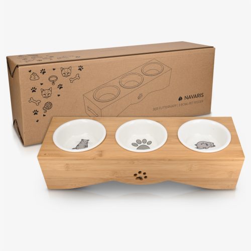 Statie alimentare pentru animale cu 3 boluri Navaris, 130 ml, ceramica/bambus, 53327.01