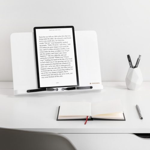 Бамбукова поставка за книги Navaris, 2 регулируеми рамена, 33 x 24 см, бяла, 52801.2.02