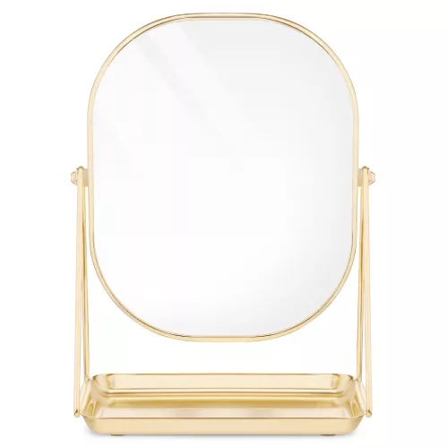 Oglinda cosmetica Navaris cu tava pentru bijuterii, 20.5x13.3x28 cm, roz/auriu, sticla/metal
