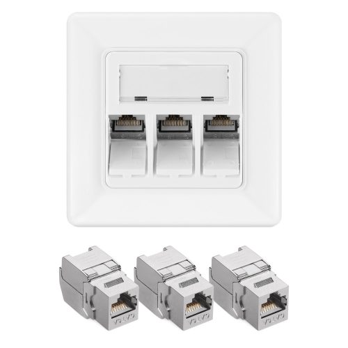 Комплект 1 троен мрежов контакт RJ45 с 3 щекера CAT 6A, Kwmobile, бял, метален, 54571.03.01
