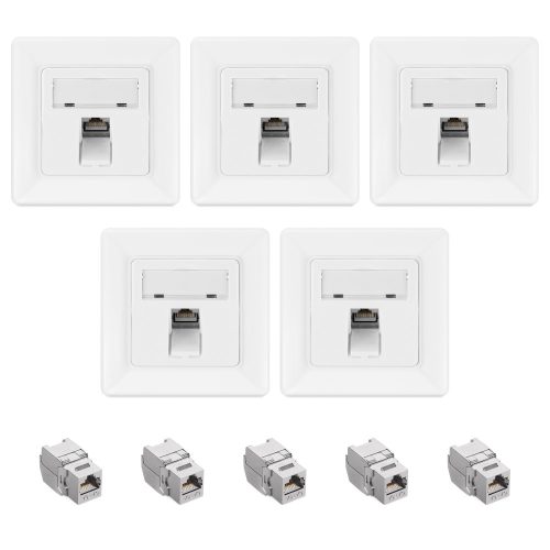 Комплект от 5 екранирани RJ45 мрежови контакта с 5 щекера CAT 6A, Kwmobile, бял, метал, 54571.01.05