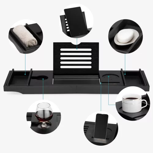 Suport baie extensibil Navaris, 75-108 cm, stand tableta si pahar, lemn de fag, negru, lemn
