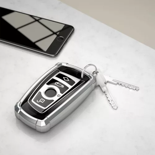 Капак за автомобилен ключ за BMW - 3 бутона - Keyless Go, kwmobile, силикон, сребрист / черен, 55039.01