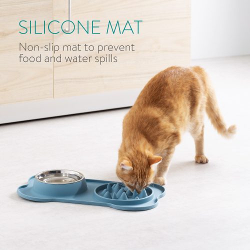 Подложка за бавно хранене Navaris и вградена купа за вода, 42 x 25 см, синя, 55133.17