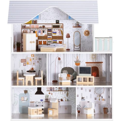 Дървена къщичка за кукли Navaris, 3 етажа, с мебели и аксесоари, 5 стаи и балкон, 69.5x62x27 см, 55376.01