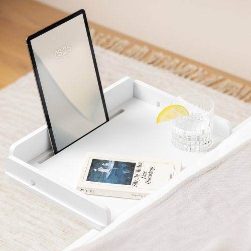 Raft pentru pat Navaris, prindere cu clema, 38x26x11 cm, carti/telefon, alb, bambus