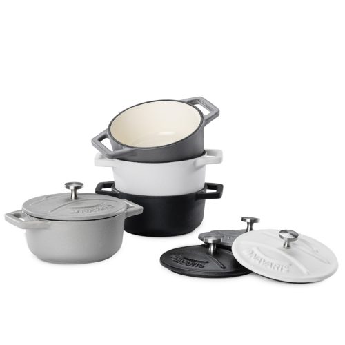 Комплект 4 мини чугунени тенджери Navaris, 10,5 см, 290 мл, за фурна и котлон, черно/бяло, 49079.04.03