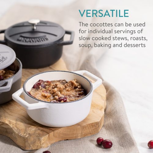 Комплект 4 мини чугунени тенджери Navaris, 10,5 см, 290 мл, за фурна и котлон, черно/бяло, 49079.04.03