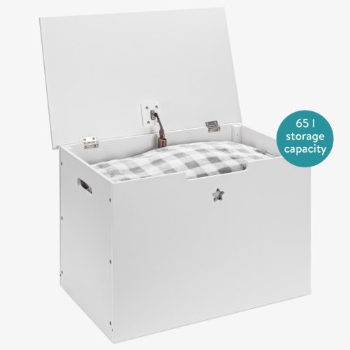 Lada jucarii din lemn Navaris, capac banca 50 kg, 60x38x42 cm, organizare camera, alb, lemn