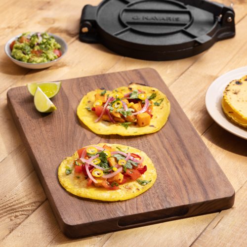 Presa tortilla Navaris, 20 cm diametru, prindere stabila, retete incluse, negru, otel inoxidabil