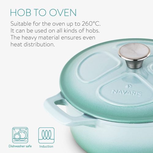 Незалепваща чугунена тенджера Navaris за котлони/фурни - 24 см - 3,5 л - светло зелена, 48777.01.71