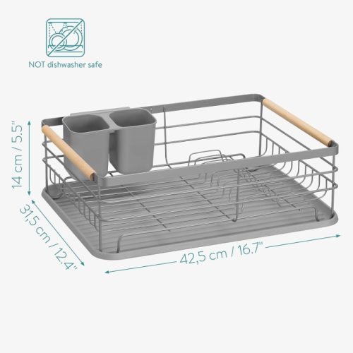 Сушилник за съдове Navaris, с тава за отцеждане, с рафт за чинии, чаши и прибори, сив, 42.5x31.5x14 см, 52545.03