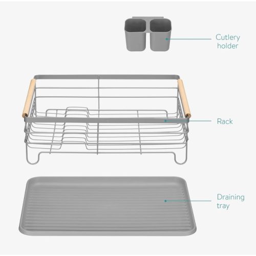 Сушилник за съдове Navaris, с тава за отцеждане, с рафт за чинии, чаши и прибори, сив, 42.5x31.5x14 см, 52545.03