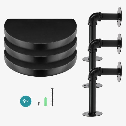 Set 3 rafturi decorative rotunde Navaris, 20x15x17 cm, montaj perete, negru, fier/lemn