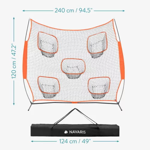 Plasa antrenament aruncare Navaris, 5 buzunare, 240x240x120 cm, pliabila, cu geanta, negru, poliester