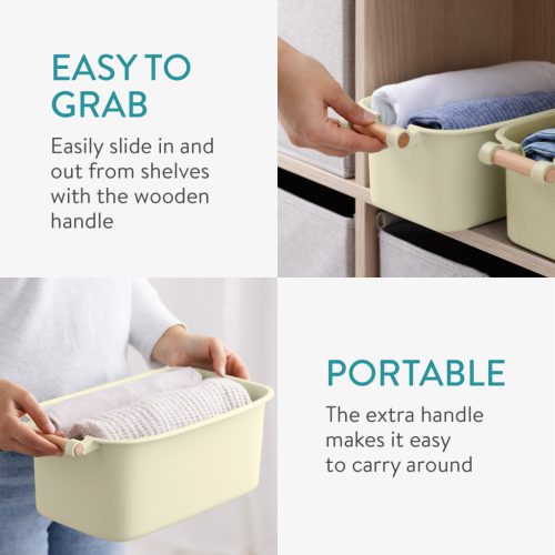 Set 4 cutii depozitare Navaris, cu maner din lemn, 37.8x21.4x14 cm si 28.5x16x10.5 cm, crem, lemn