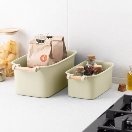 Set 4 cutii depozitare Navaris, cu maner din lemn, 37.8x21.4x14 cm si 28.5x16x10.5 cm, crem, lemn