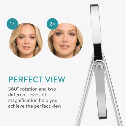 Oglinda cosmetica Navaris, tava pentru bijuterii, 2x marire, 17.5x20.5 cm, argintiu, sticla/metal