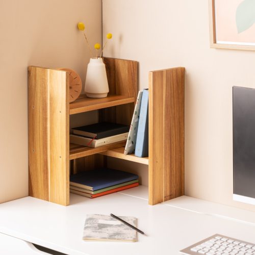 Raft organizator birou reglabil Navaris, 64x15.5x40 cm, modular, natural, lemn acacia, maro, lemn