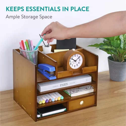 Organizator birou cu sertare Navaris, 33x24x26 cm, pentru documente si papetarie, maro, bambus