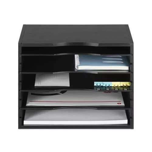 Organizator documente Navaris, 33x24.5x26 cm, rafturi reglabile, birou, negru, MDF/bambus