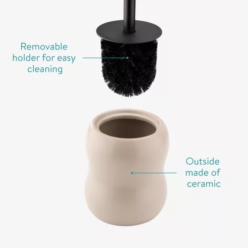 Suport perie WC ceramic Navaris, 12x40.5 cm, maner inox, bej, otel inoxidabil
