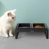 Suport hranire pentru pisici si caini mici Navaris, cu 2 boluri ceramice, suport metalic inaltat, 2x250 ml, antiderapant, design modern, Negru