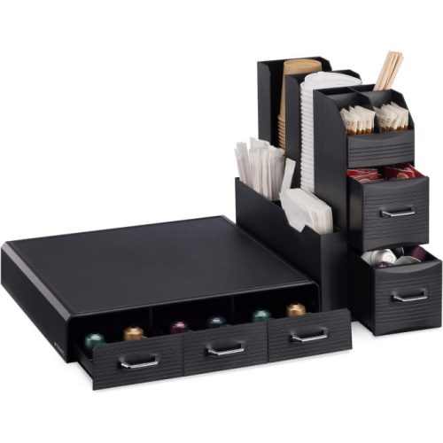Комплект стойка за кафе машина, 3 чекмеджета за 48 капсули Nespresso и органайзер с 2 чекмеджета за консумативи, черен, 60824.01