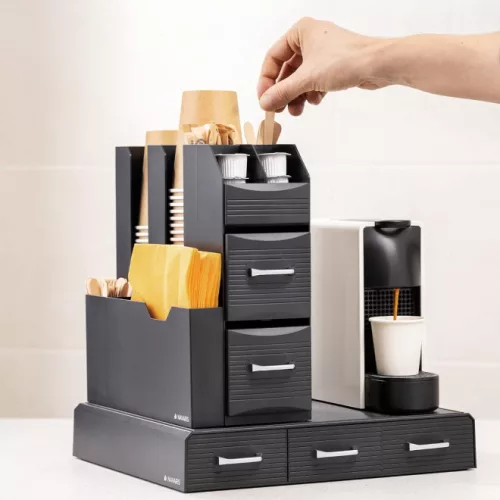 Комплект стойка за кафе машина, 3 чекмеджета за 48 капсули Nespresso и органайзер с 2 чекмеджета за консумативи, черен, 60824.01