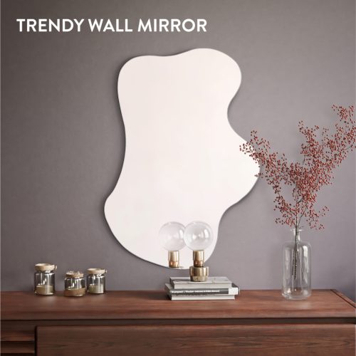 Oglinda decorativa Navaris, forma ondulata squiggle, 75x50 cm, argintiu, sticla/metal