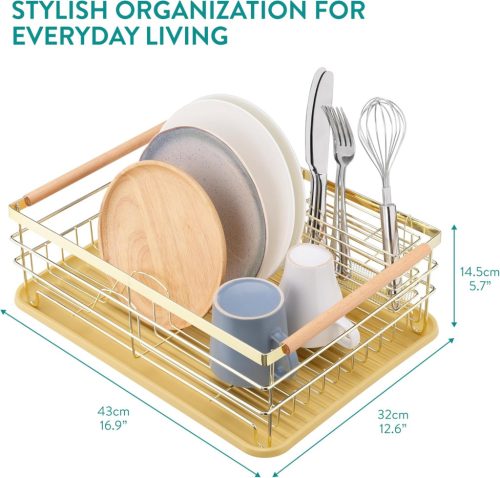Сушилник за съдове Navaris, с тава за отцеждане, с рафт за чинии, чаши и прибори, кафяв, 52545.04