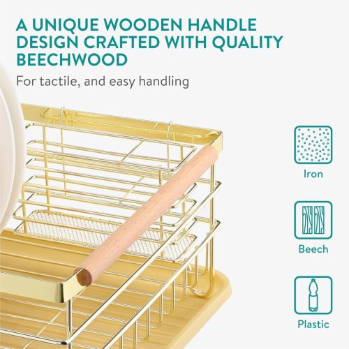 Сушилник за съдове Navaris, с тава за отцеждане, с рафт за чинии, чаши и прибори, кафяв, 52545.04